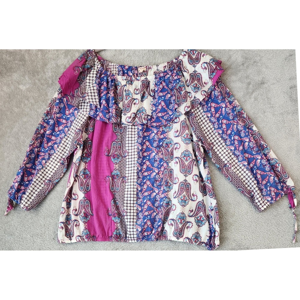 Reba Shirt Womens XL Blue Magenta Paisley Print Tie Sleeve Blouse Boho Top